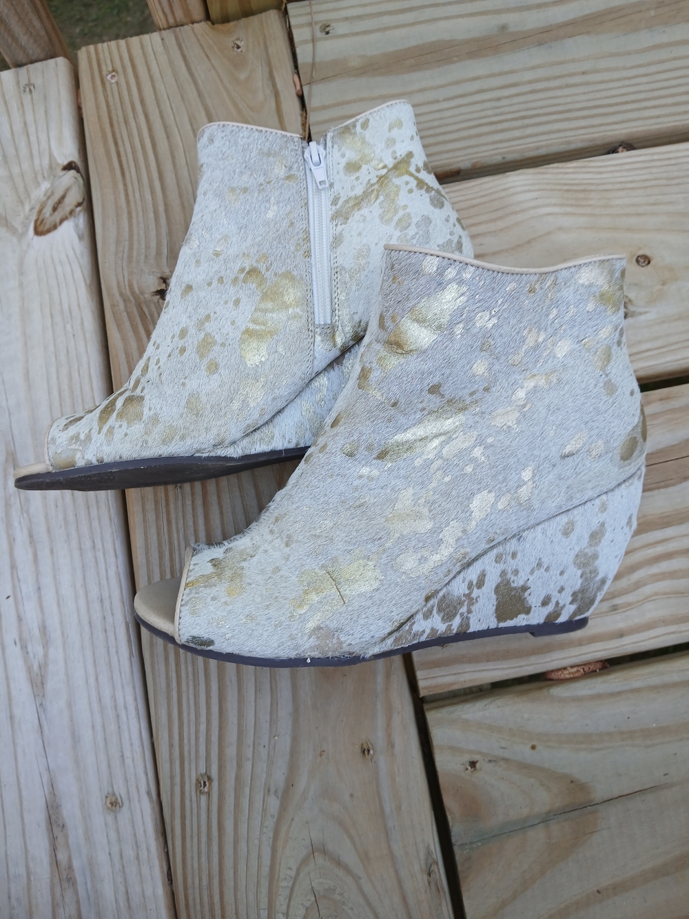 Women’s White and Gold Peep-Toe Wedge Ankle Booties